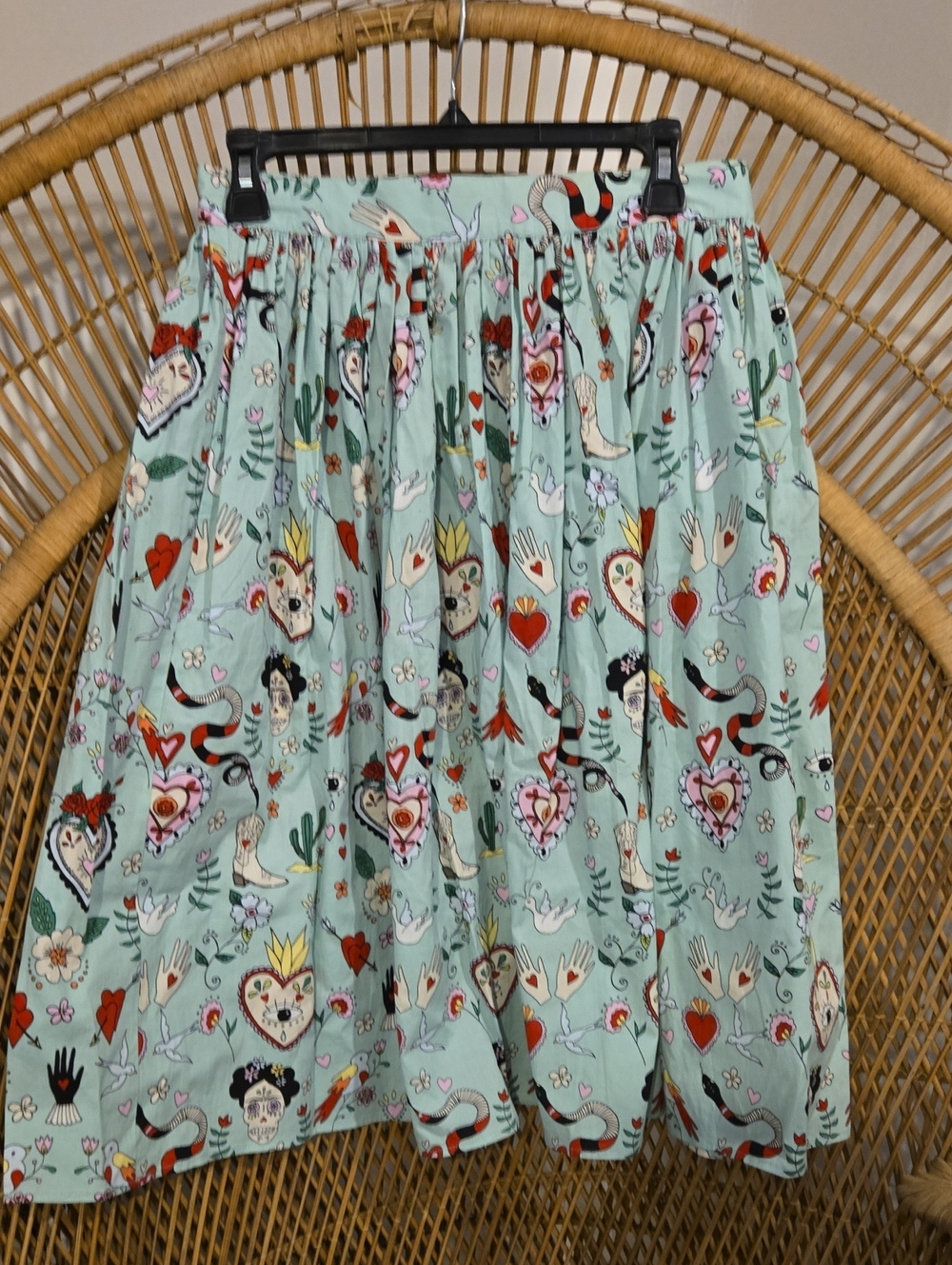 Hell Bunny Mint Heart & Motif Gathered Midi Skirt